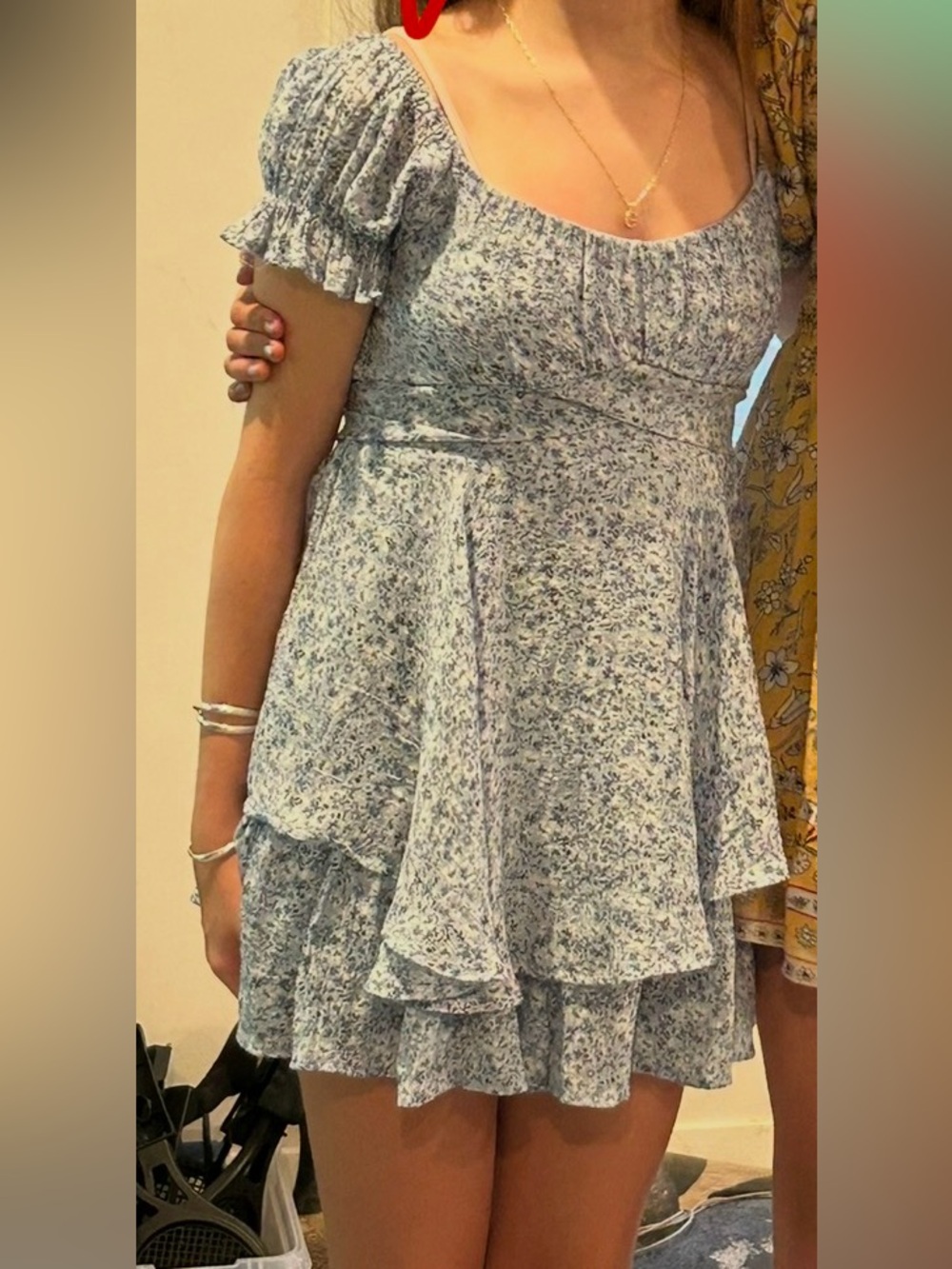 miami Light Blue Floral Midi Dress with Puff Sleeves